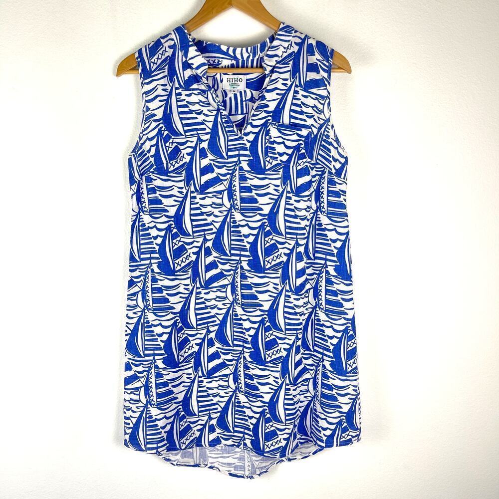 HiHo Sandy Cay Sail Boat Nautical Print Sleeveless Dress Linen Women's Medium